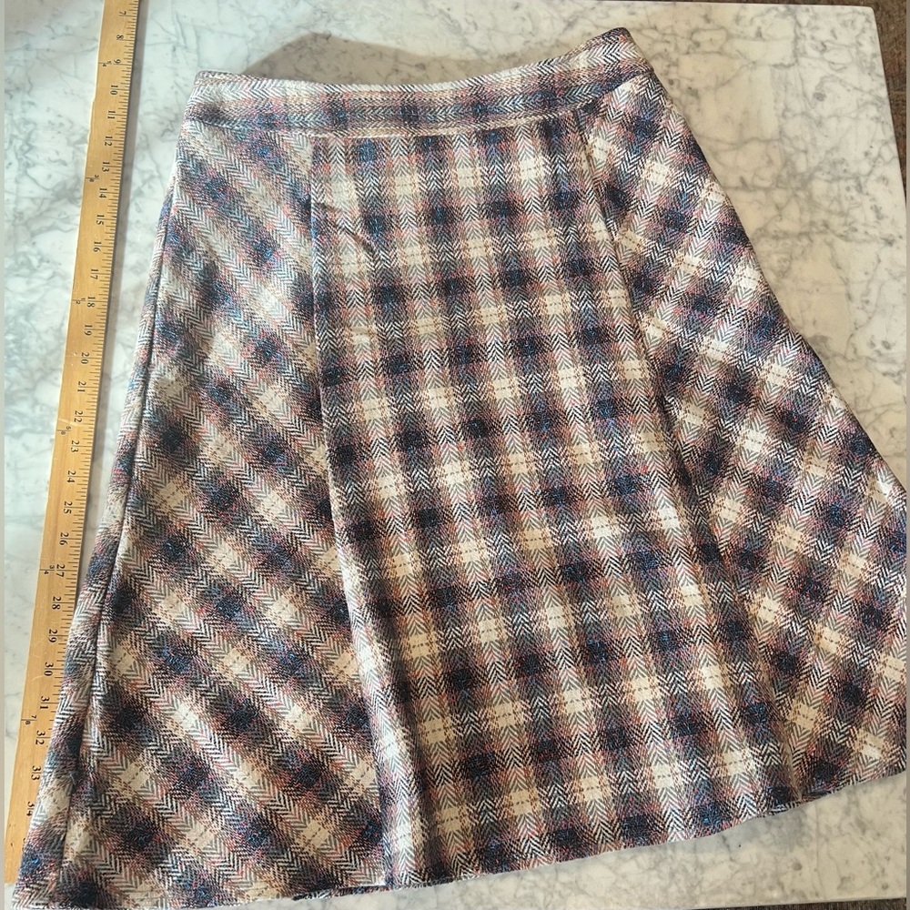 Plaid Wool Skirt Midi Length with Flare - Size L